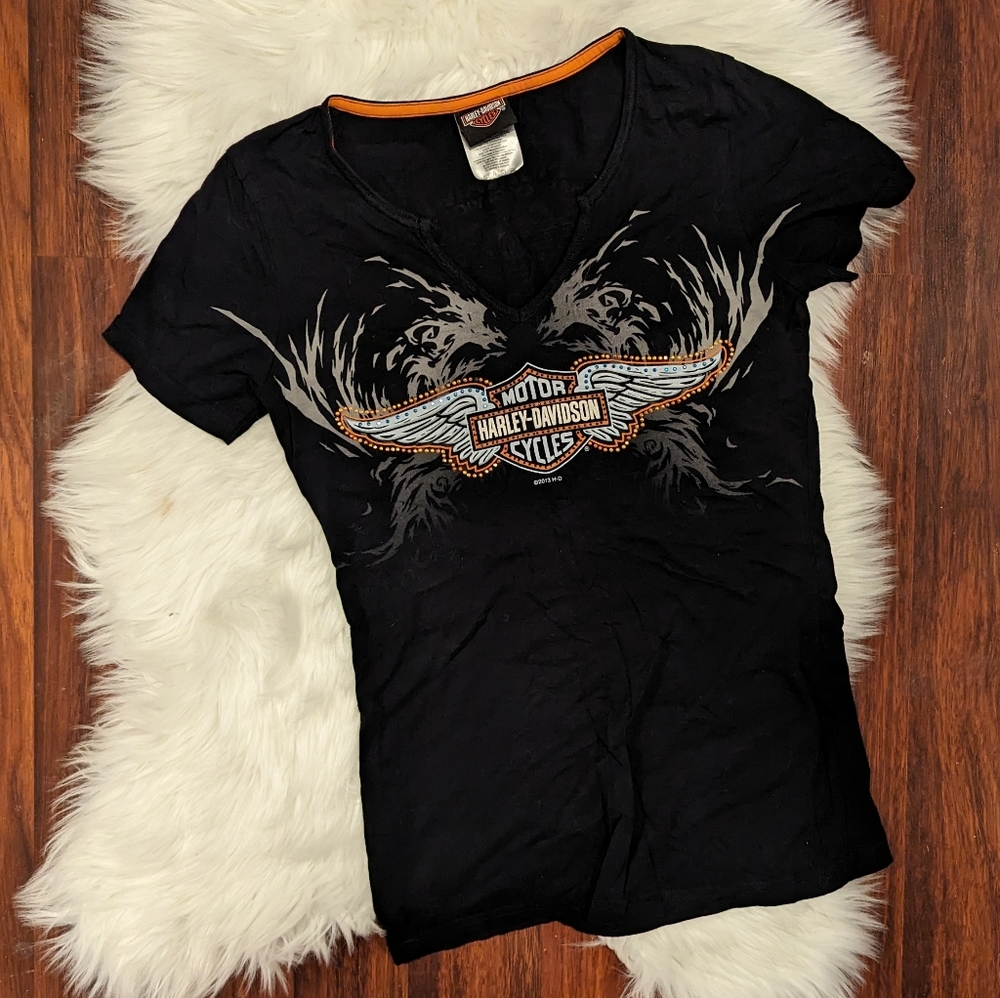 Harley Davidson Bling Rhinestone Orange and Black Bar and Shield Logo T-shirt - Picture 1 of 2